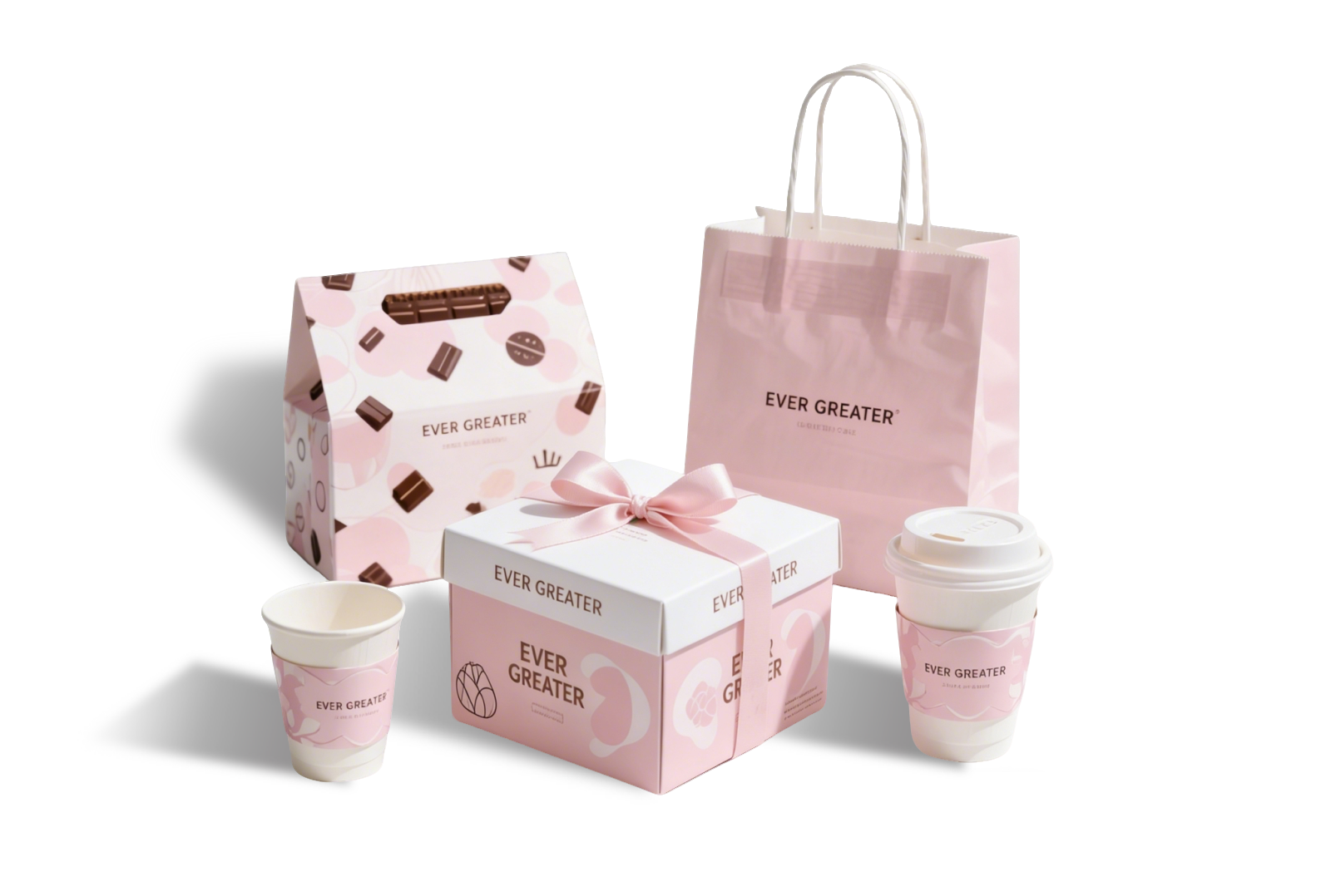 EverGreater custom packaging set with boxes bags and cups