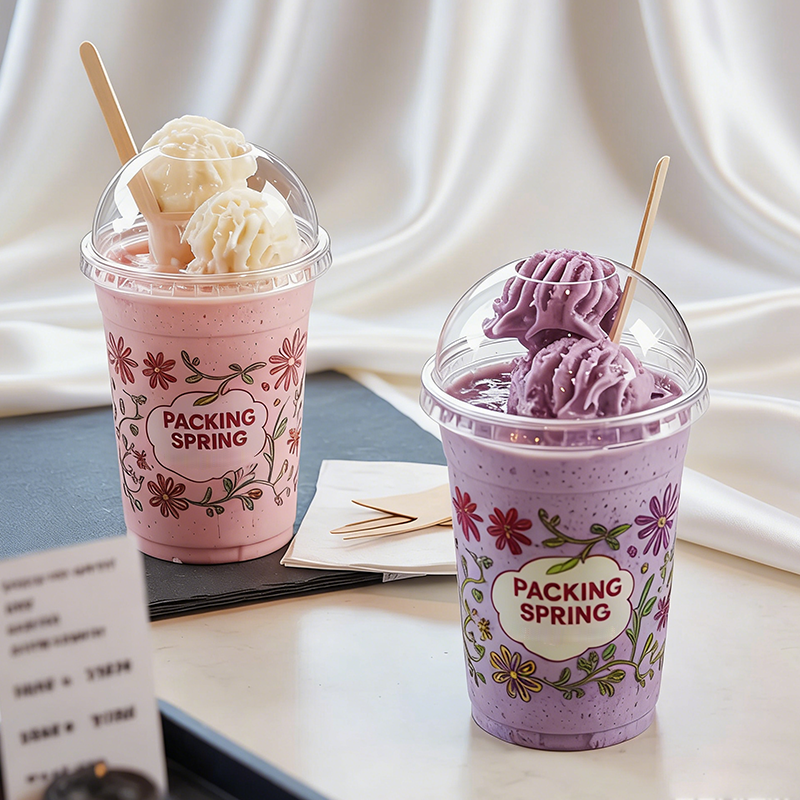 Custom disposable cups for cold drinks ice cream and takeaway presentation