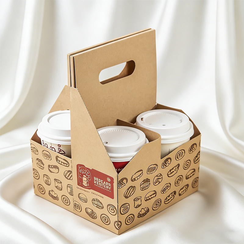 Cost-efficient beverage packaging with takeaway cup carrier and cups