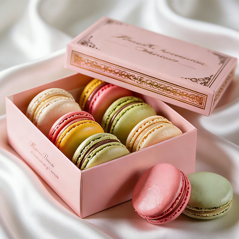 Bakery packaging customization with branded macaron box presentation