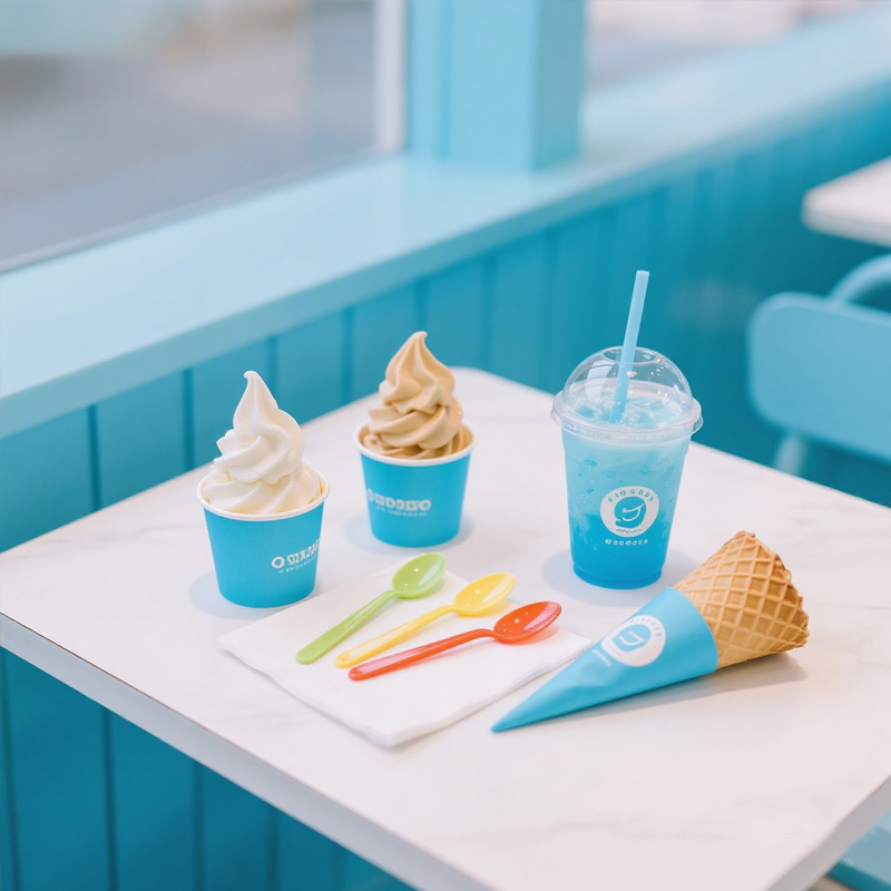 Ice cream branding kit with cups lids spoons and frozen dessert packaging