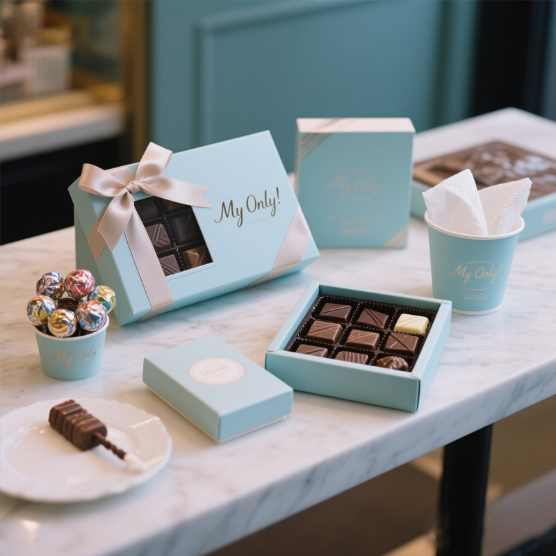 Chocolate branding kit with gift boxes ribbons bags and premium chocolate packaging