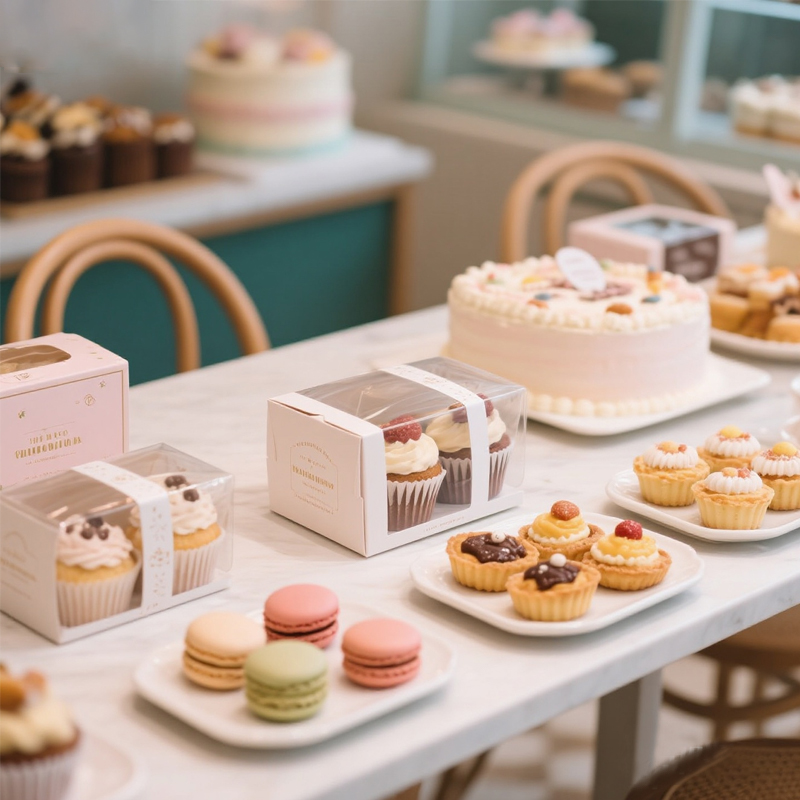 Cake shop branding kit with cake boxes cupcakes pastries and dessert packaging