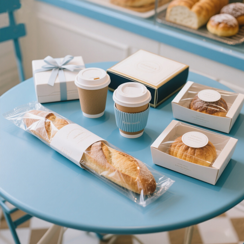 Bakery branding kit with bread bags pastry boxes coffee cups and takeaway packaging