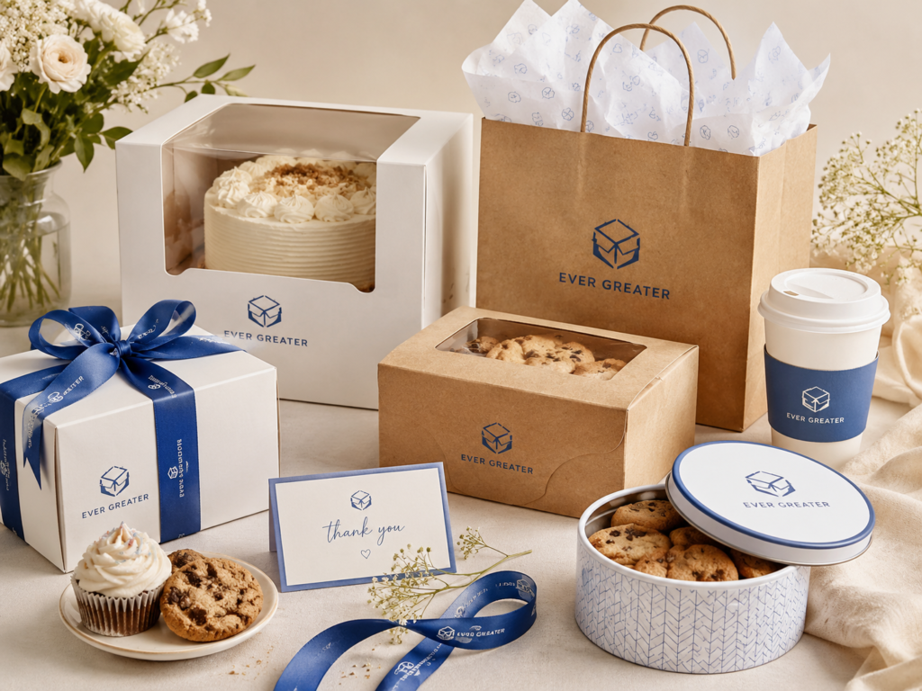 Bakery packaging collection with cake box, kraft bag, ribbon gift box, cookie tin and coffee cup