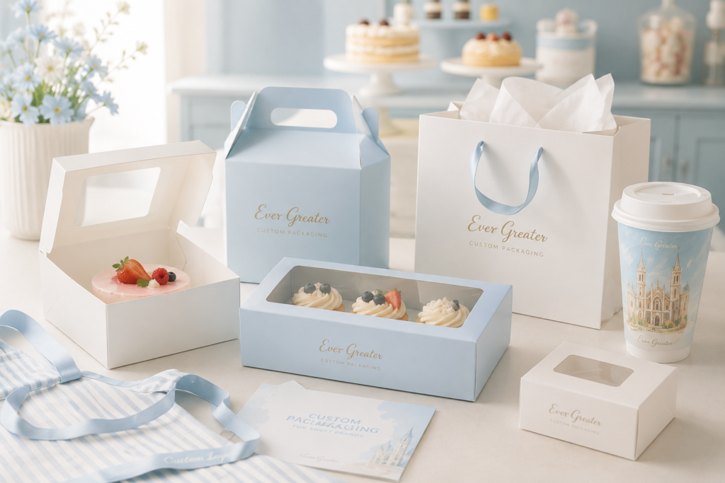 Bakery packaging materials including paper boxes, paper bags, cups, sleeves, and bakery gift packaging