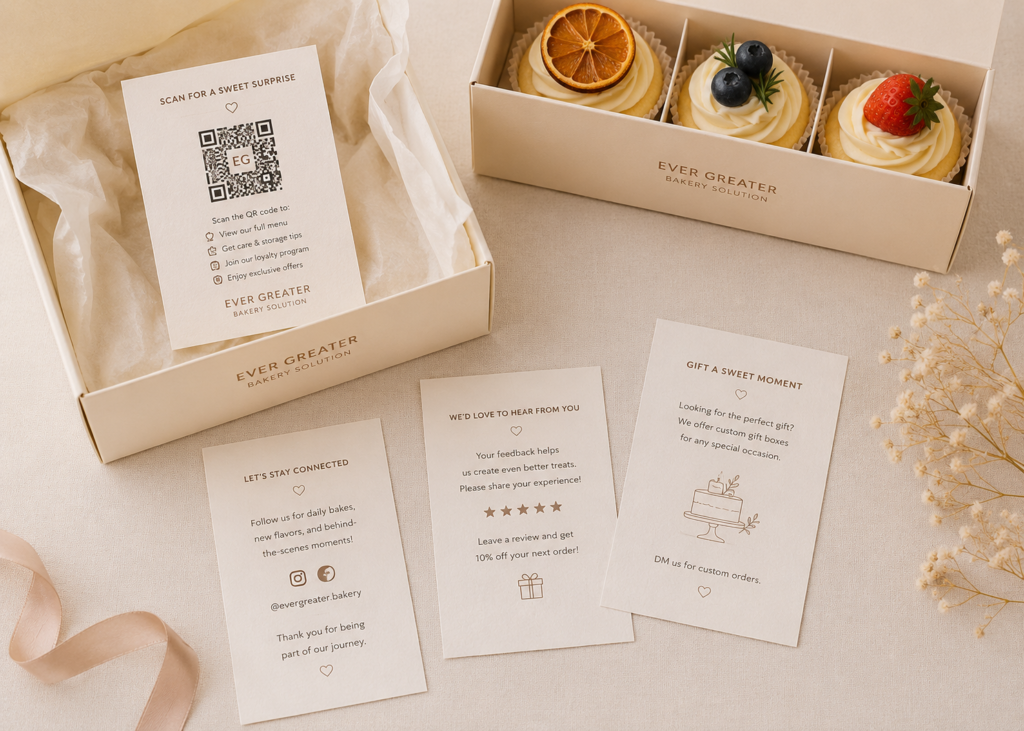 Bakery QR code card with dessert box and customer connection inserts