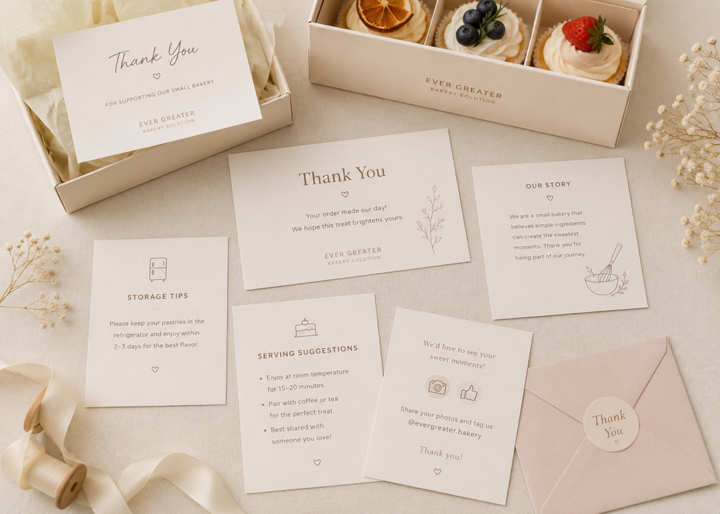 Bakery thank-you cards with dessert boxes and customer message inserts