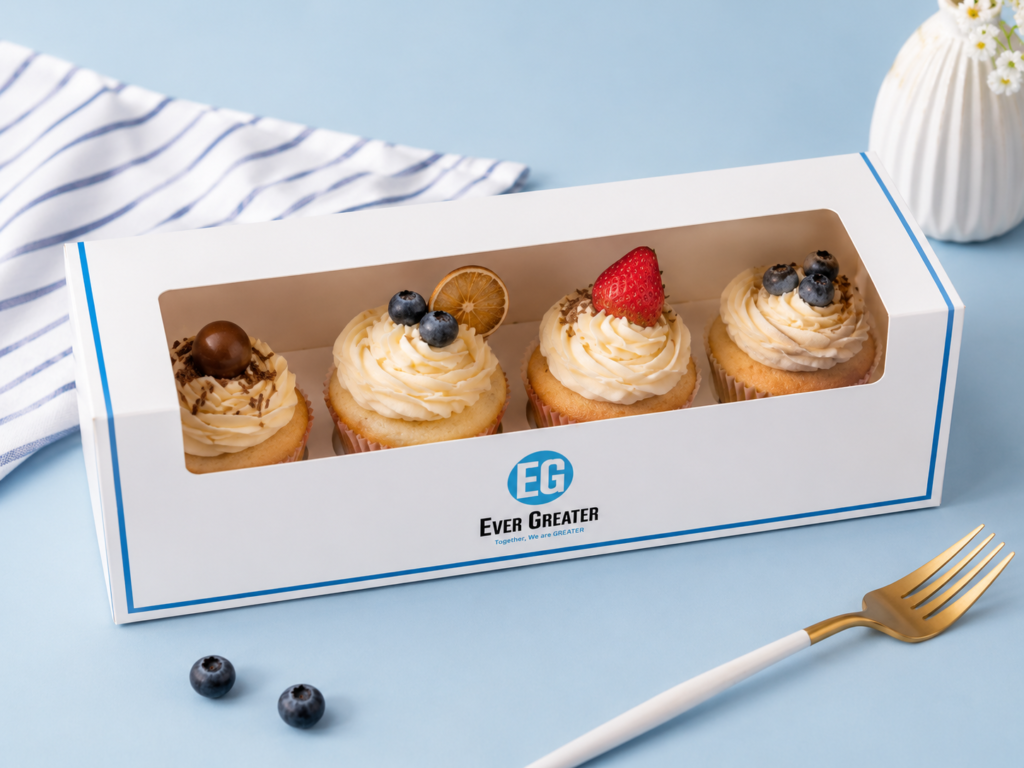Cupcake packaging box with clear window and elegant bakery presentation