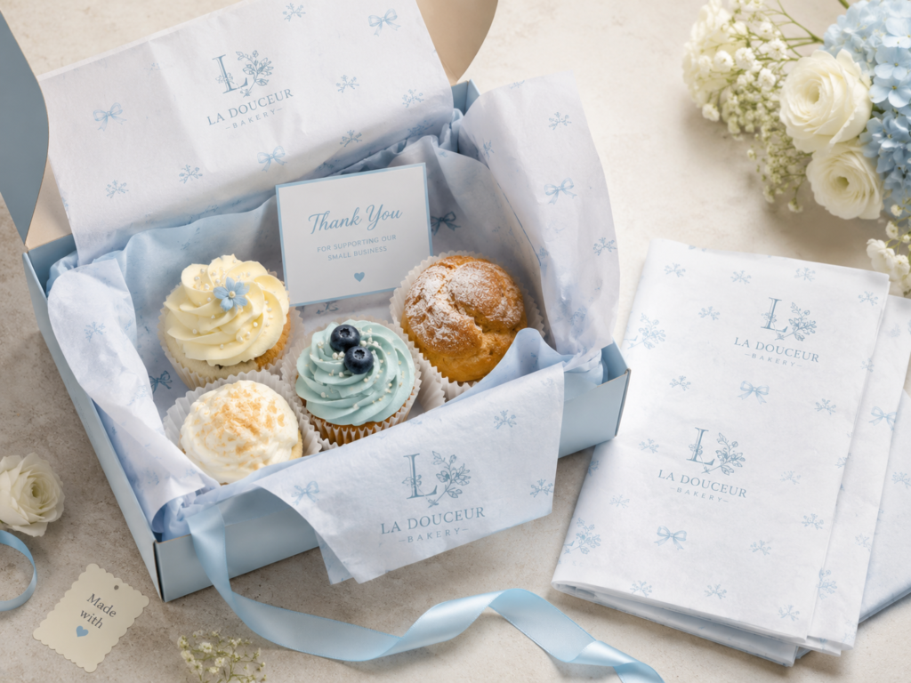 Custom tissue paper for bakery packaging with cupcakes and branded wrapping