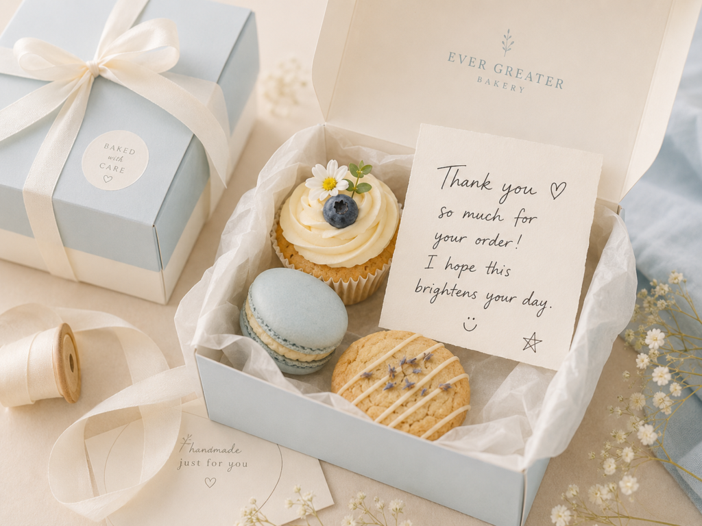 Handwritten bakery note inside dessert gift box with cupcakes and macarons