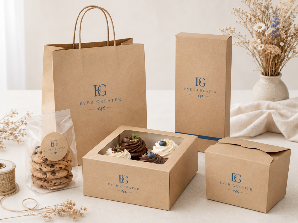 Kraft bakery packaging with minimal blue logo printing and paper shopping bag