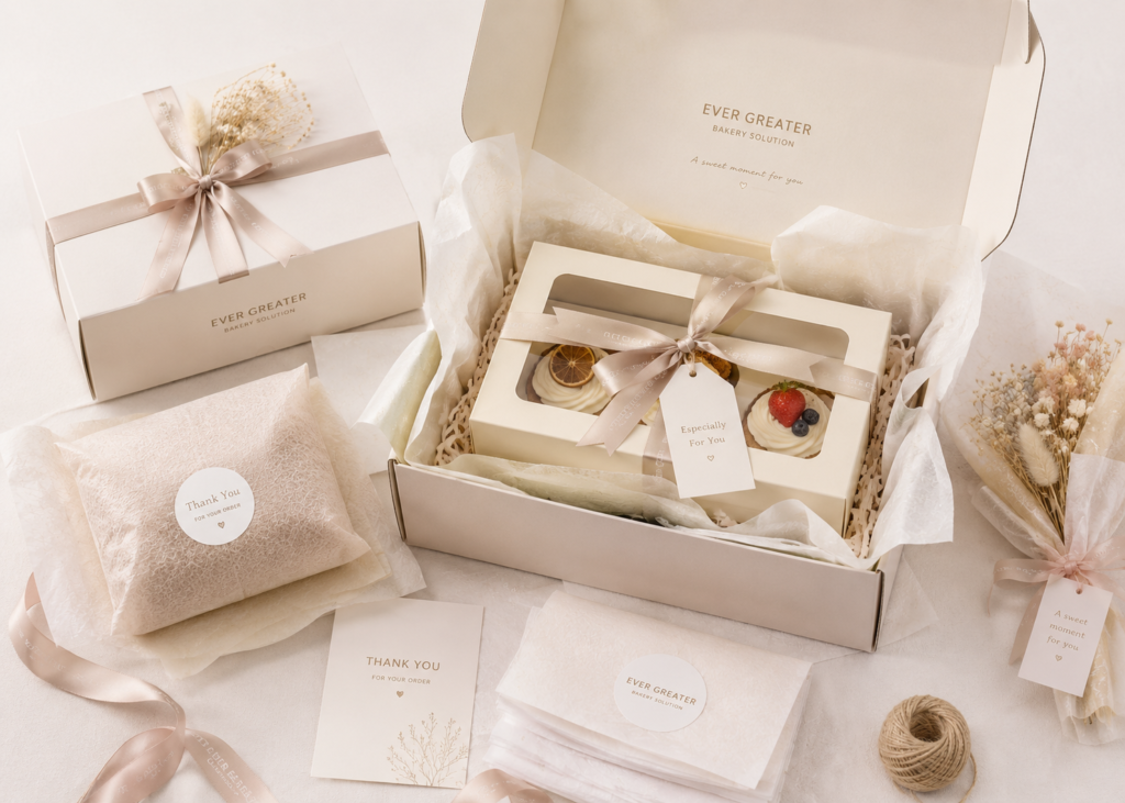 Layered bakery gift wrapping with tissue paper, ribbons and dessert box