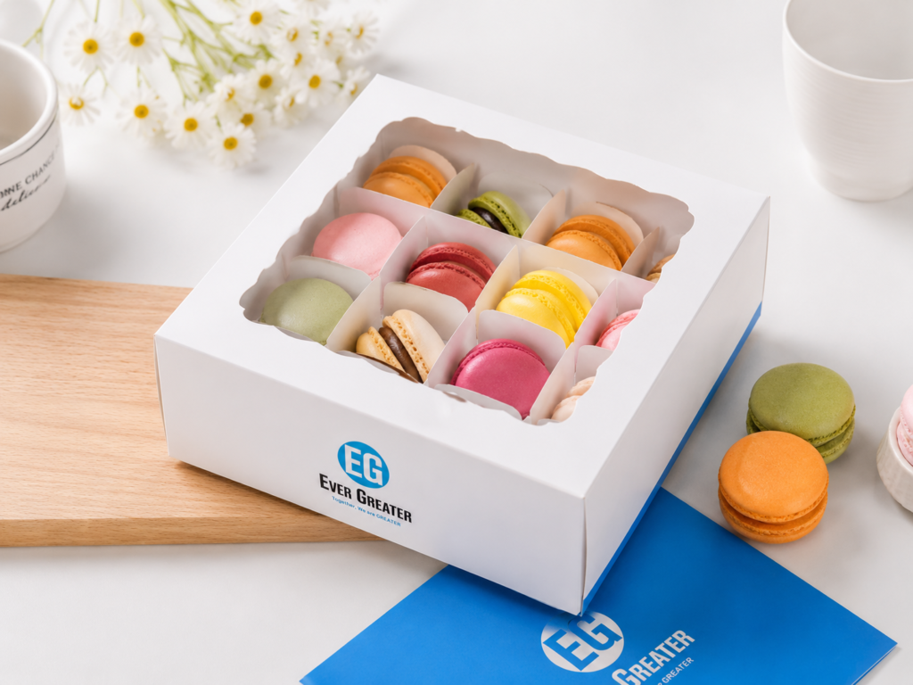 Macaron bakery gift box with modern window packaging design