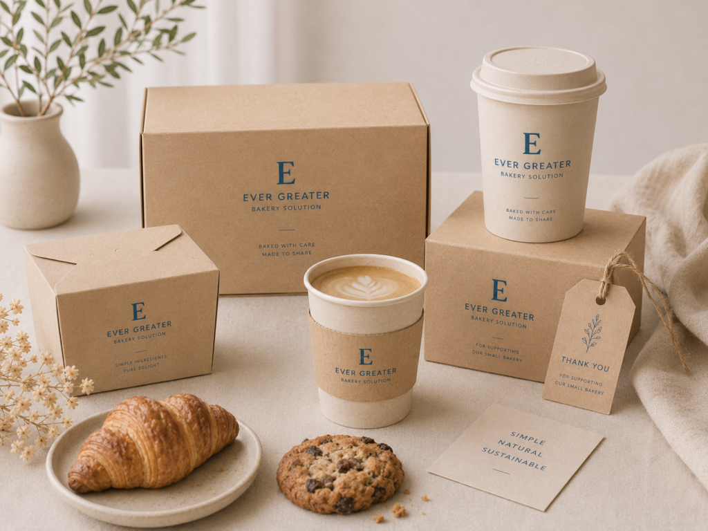 Minimalist eco bakery packaging with kraft paper boxes and paper cups