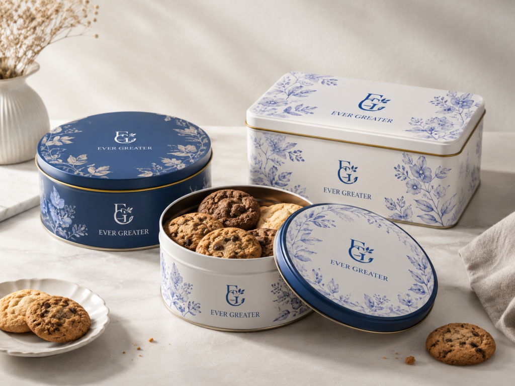 Reusable cookie tins with blue EVER GREATER branding and floral pattern design