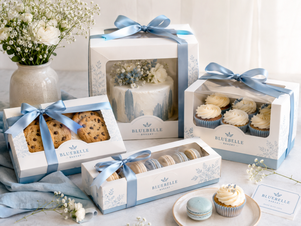 Bakery gift boxes with satin ribbon packaging for cakes, cupcakes and macarons