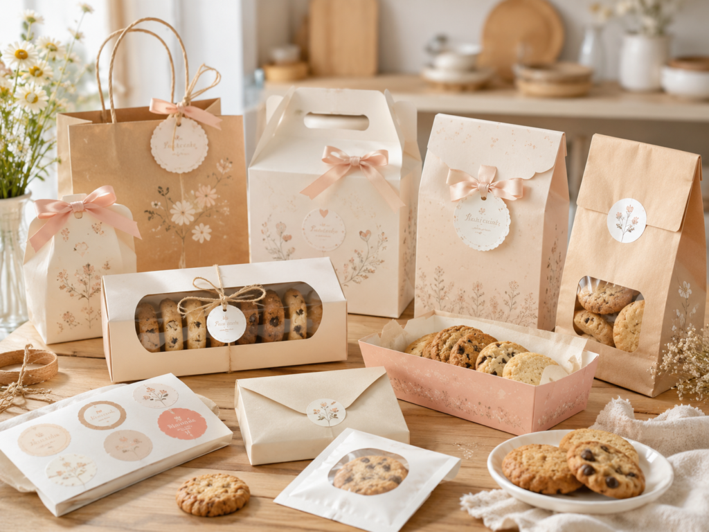 Cute cookie packaging ideas with paper boxes, paper bags, stickers, and gift-ready bakery packaging details