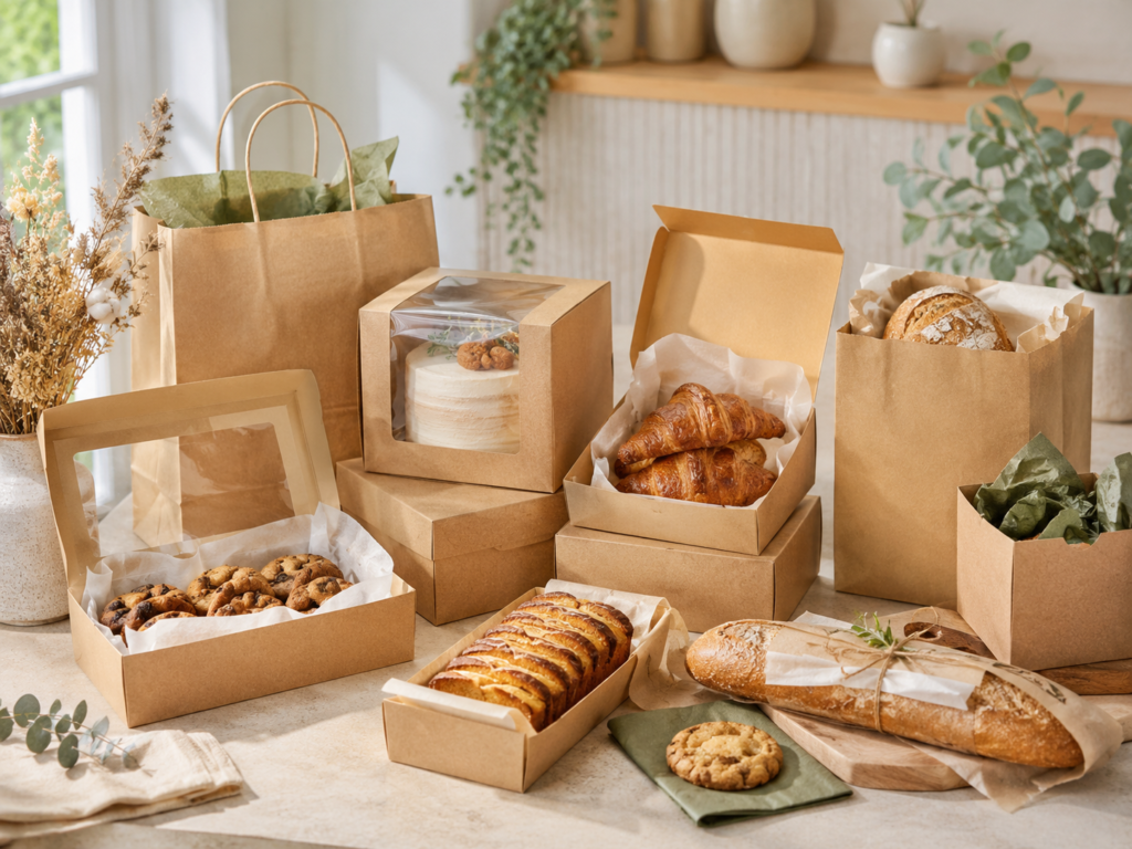 Sustainable bakery packaging sets with kraft paper boxes, bakery bags, bread wraps, and pastry packaging